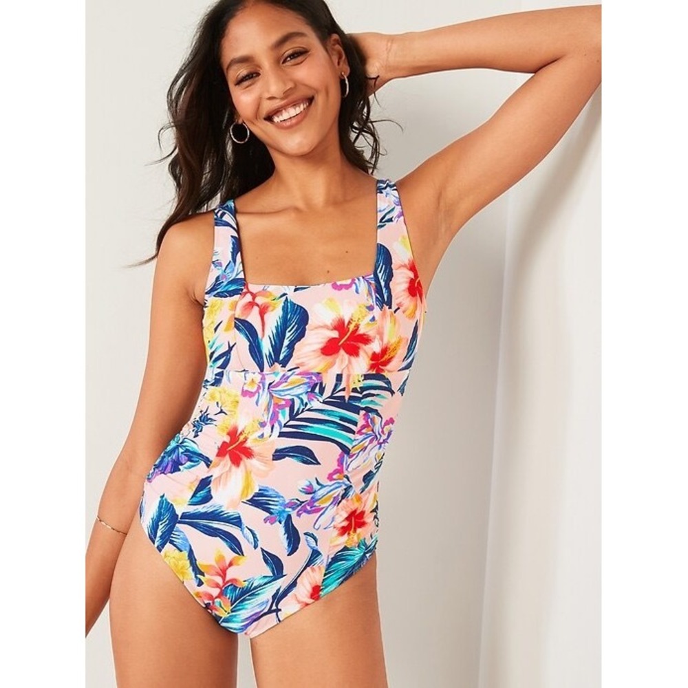 Old Navy Womens Pink Floral Tropical Square Neck One Piece Swimsuit Sz M Ruched